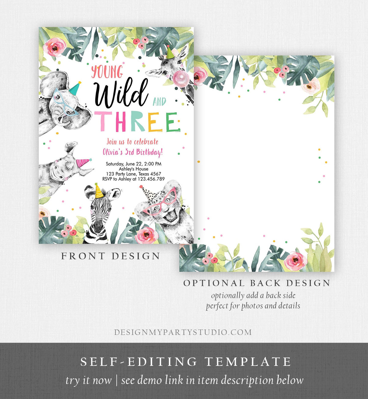 Editable Young Wild and Three Invitation Girl Pink and Gold Safari Animals Zoo Instant Download Printable Template Digital Corjl 0322