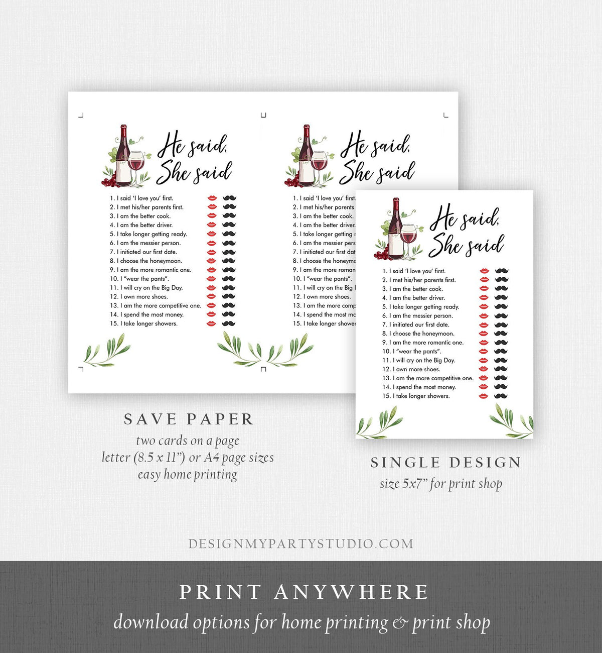 Editable He Said She Said Bridal Shower Game Wine Tasting Vineyard Bride or Groom Wedding Activity Who said it Phrase Digital Template 0234