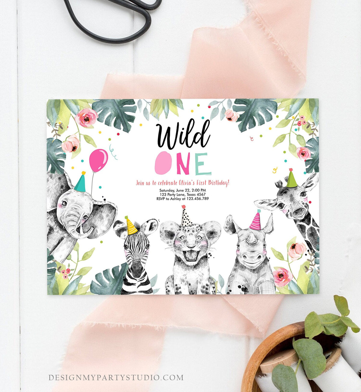 Editable Wild One Birthday Invitation Girl Safari Animals Invite Pink and Gold Party Animals Download Printable Template Corjl Digital 0322