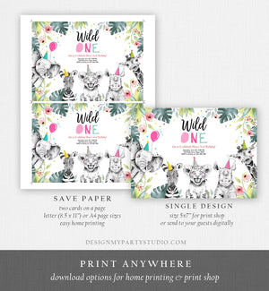 Editable Wild One Birthday Invitation Girl Safari Animals Invite Pink and Gold Party Animals Download Printable Template Corjl Digital 0322