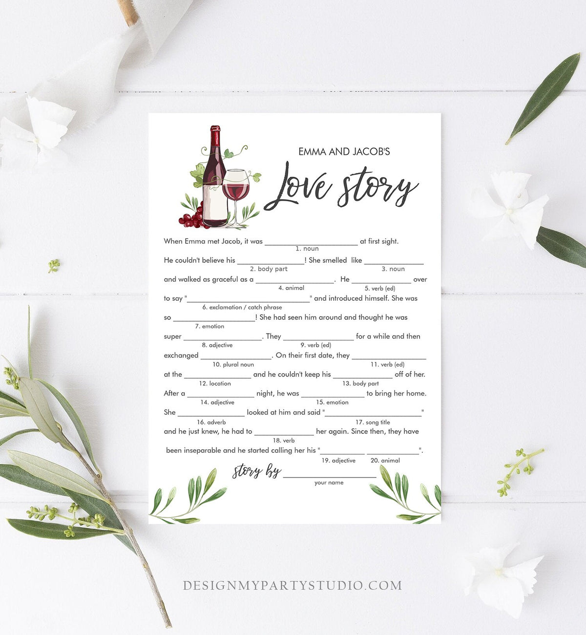 Editable Love Story Bridal Shower Game Wine Tasting Vineyard Grapes Wedding Shower Activity Funny Download Corjl Template Printable 0234