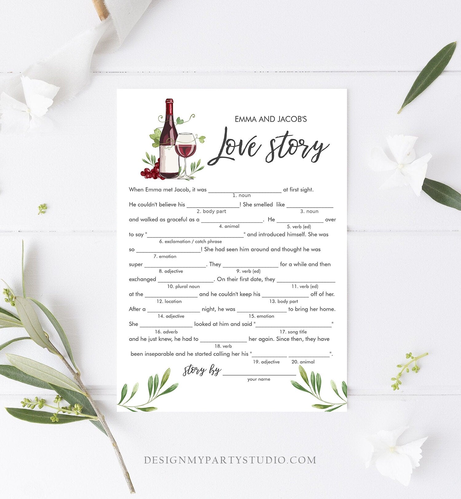 Editable Love Story Bridal Shower Game Wine Tasting Vineyard Grapes Wedding Shower Activity Funny Download Corjl Template Printable 0234