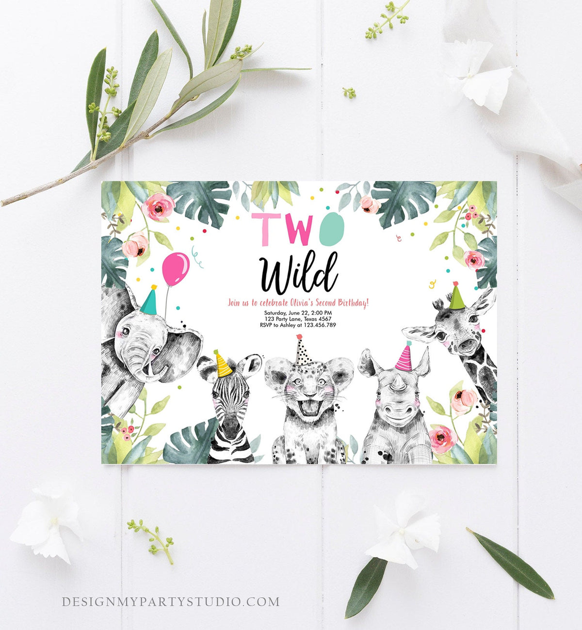 Editable Birthday Invitation Girl Two Wild Animals Invite Pink and Gold Safari Zoo Instant Download Printable Template Digital Corjl 0322