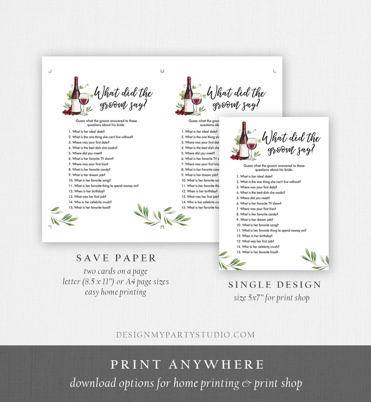 Editable What Did The Groom Say About His Bride Game Bridal Shower Game Wine Tasting Vineyard Grapes Wedding Digital Template Printable 0234