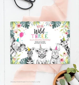 Editable Young Wild and Three Invitation Girl Pink Safari Animals Zoo Wild Birthday Instant Download Printable Template Digital Corjl 0322