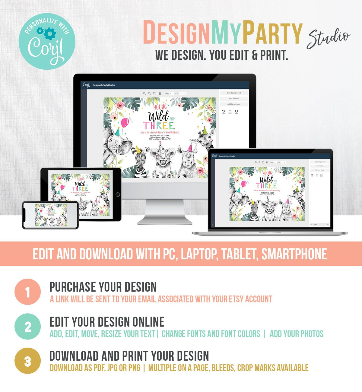 Editable Young Wild and Three Invitation Girl Pink Safari Animals Zoo Wild Birthday Instant Download Printable Template Digital Corjl 0322