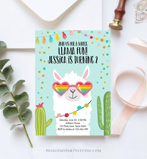 Editable Whole Llama Fun Birthday Invitation Llama Fiesta Cactus Sunglasses Girl Blue Alpaca Instant Download Printable Template Corjl 0079
