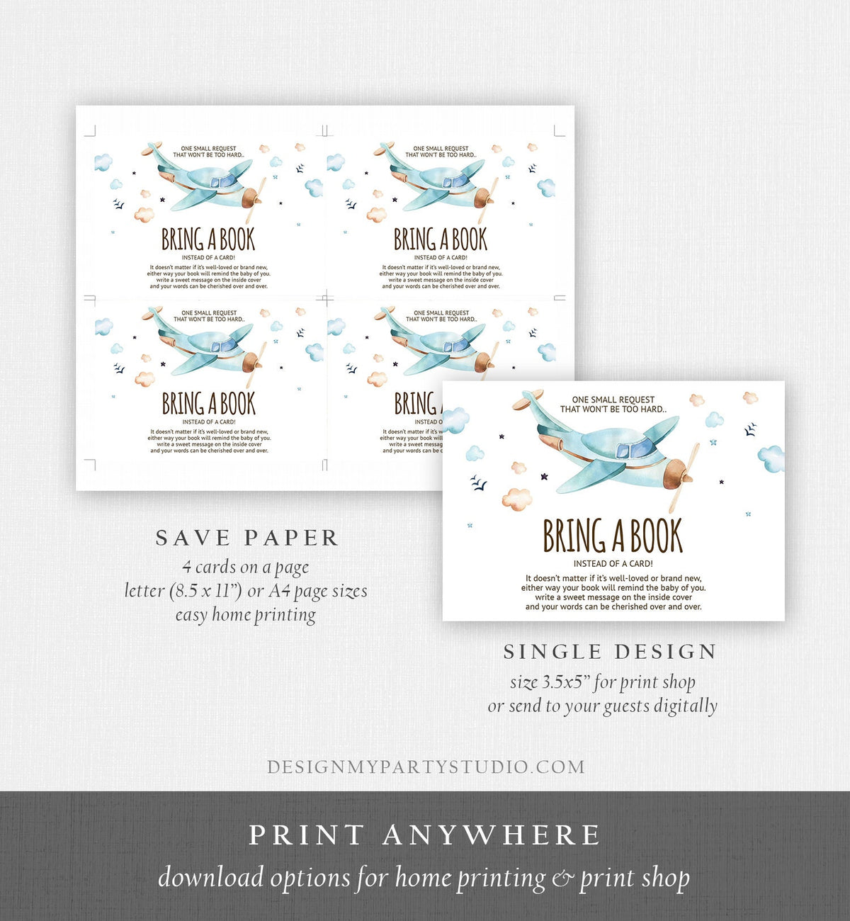 Editable Bring a Book Card Airplane Baby Shower Boy Vintage Travel Adventure Baby Book Insert Books for Baby Digital Template Printable 0185