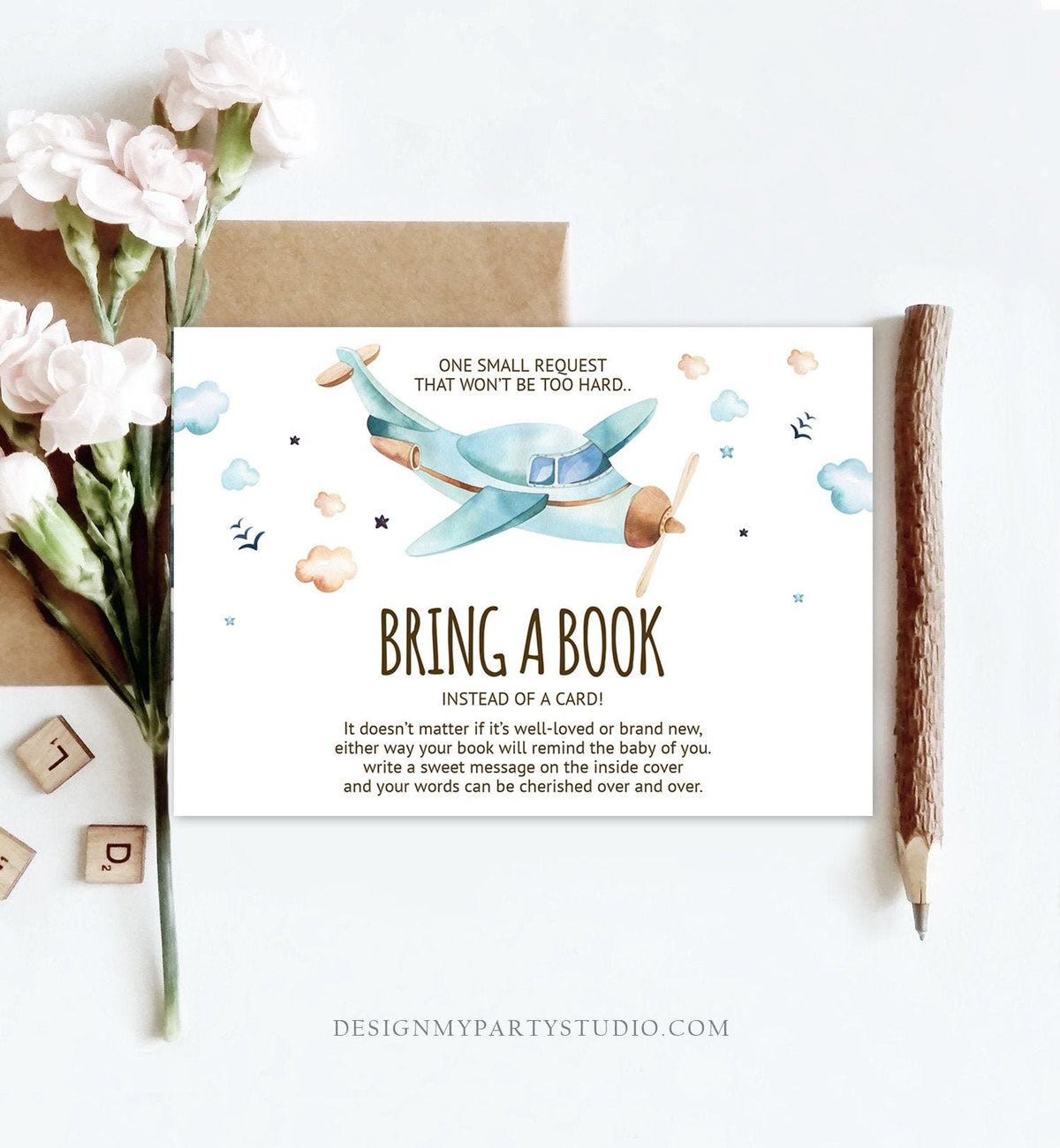 Editable Bring a Book Card Airplane Baby Shower Boy Vintage Travel Adventure Baby Book Insert Books for Baby Digital Template Printable 0185