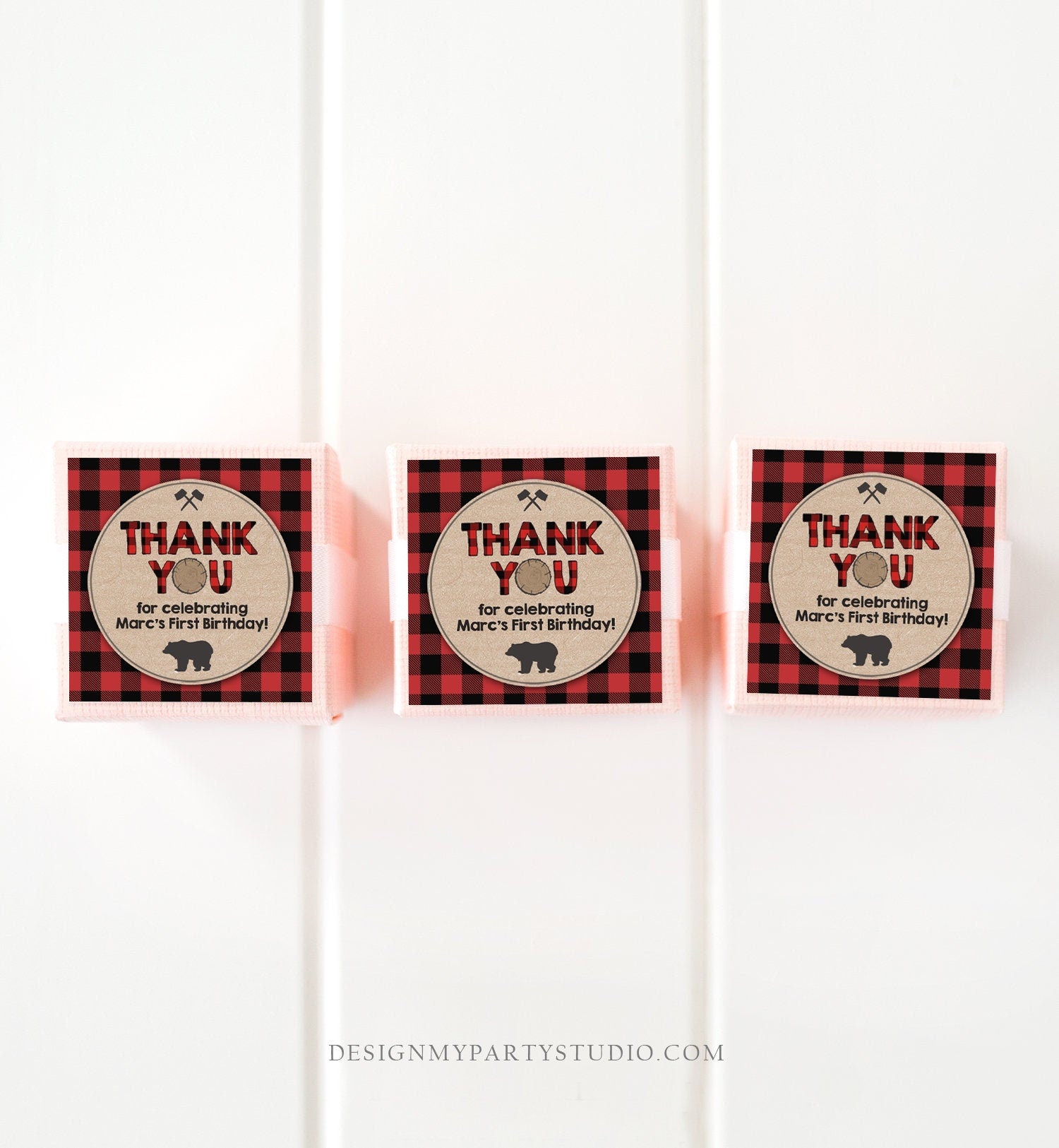 Editable Lumberjack Favor Tags Thank you Lumberjack Birthday Round tag Sticker Label Baby shower Woodland Bear template PRINTABLE Corjl 0026