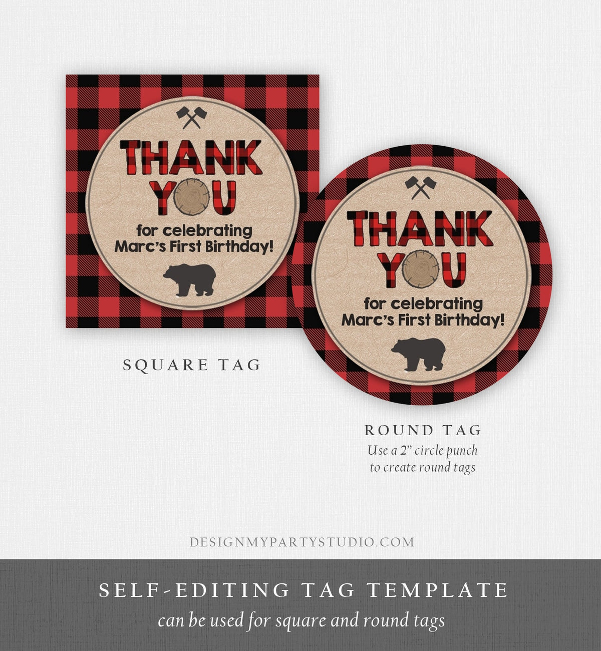 Editable Lumberjack Favor Tags Thank you Lumberjack Birthday Round tag Sticker Label Baby shower Woodland Bear template PRINTABLE Corjl 0026