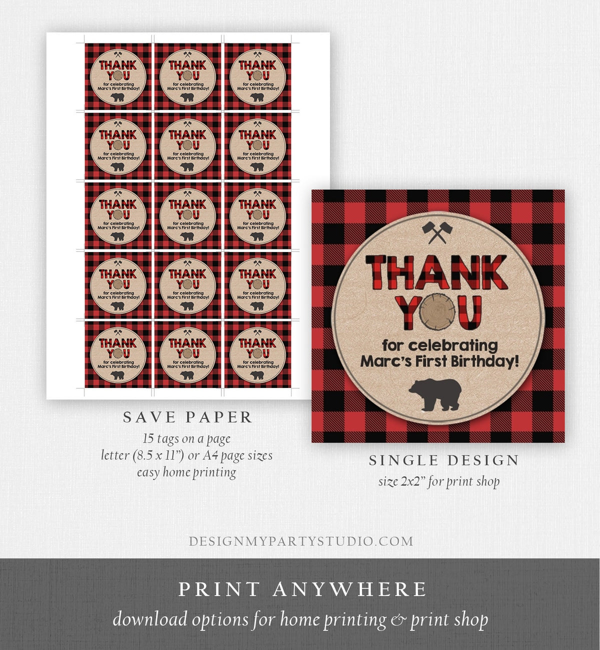 Editable Lumberjack Favor Tags Thank you Lumberjack Birthday Round tag Sticker Label Baby shower Woodland Bear template PRINTABLE Corjl 0026