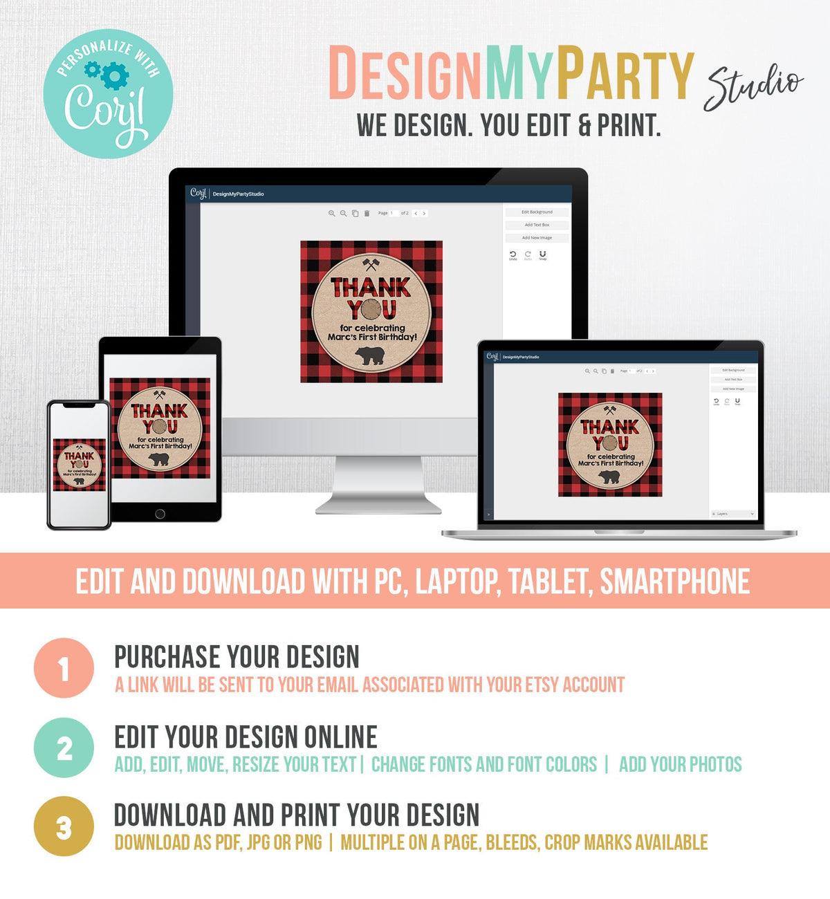 Editable Lumberjack Favor Tags Thank you Lumberjack Birthday Round tag Sticker Label Baby shower Woodland Bear template PRINTABLE Corjl 0026