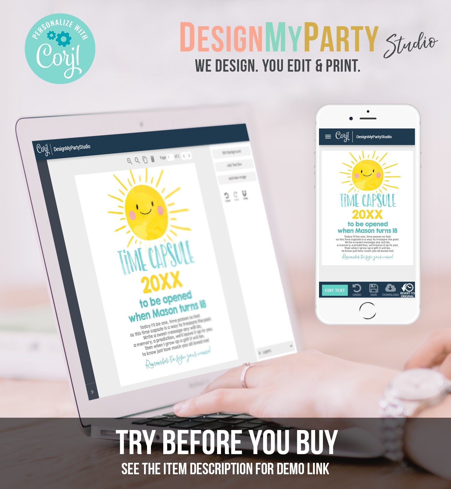 Editable Sunshine Time Capsule First Birthday Party Little Sunshine Blue Bow Tie Boy Summer Guestbook Digital Template Printable 0141