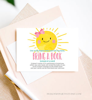 Editable Sunshine Bring a Book Card Baby Shower A Ray Of Sunshine Little Sunshine Blue Books Girl Pink Request Corjl Template Printable 0141