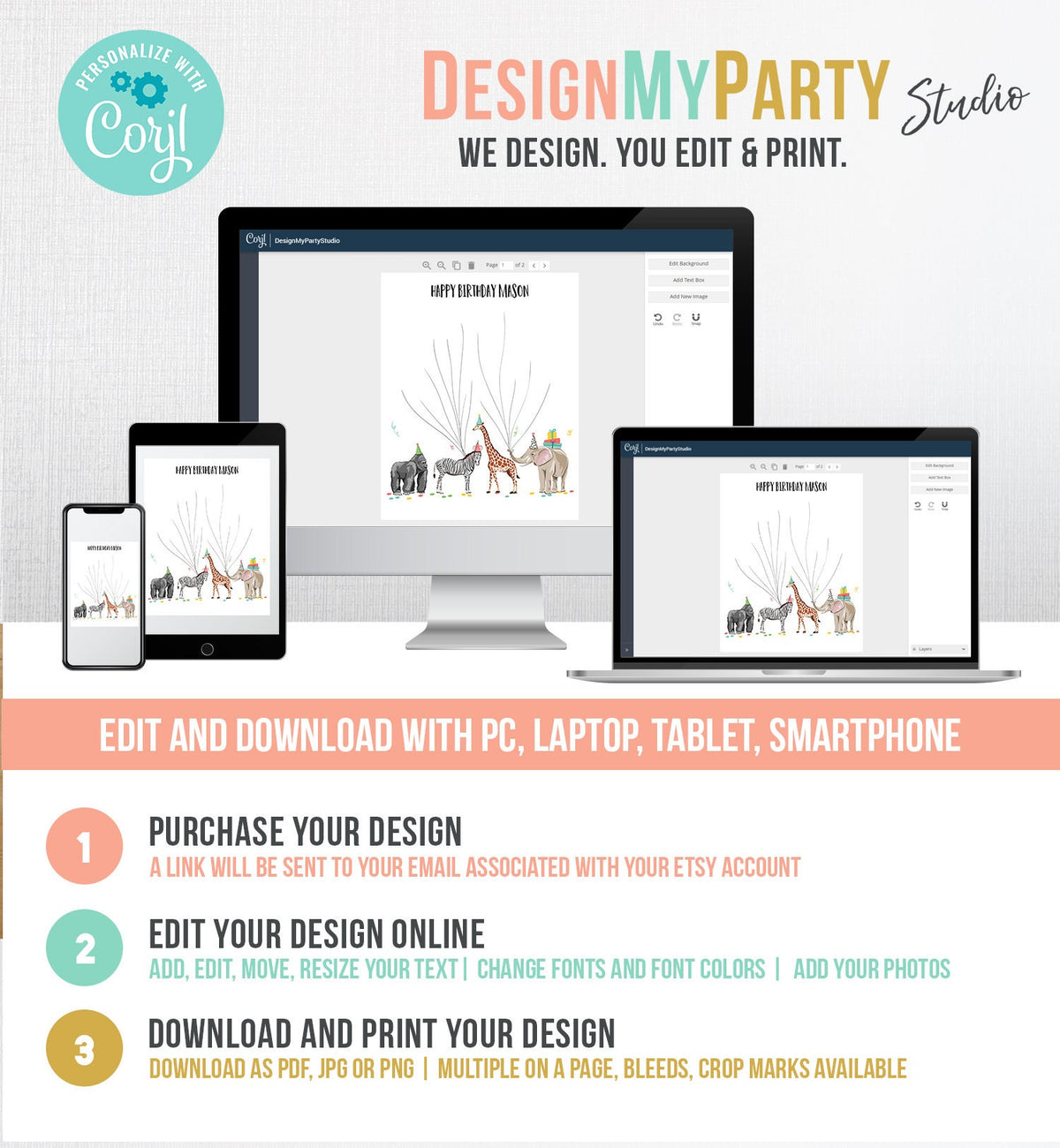 Editable Party Animals Birthday Fingerprint Guestbook Thumbprint Guest Book Safari Tree Jungle Wild One Corjl Template Printable 0142