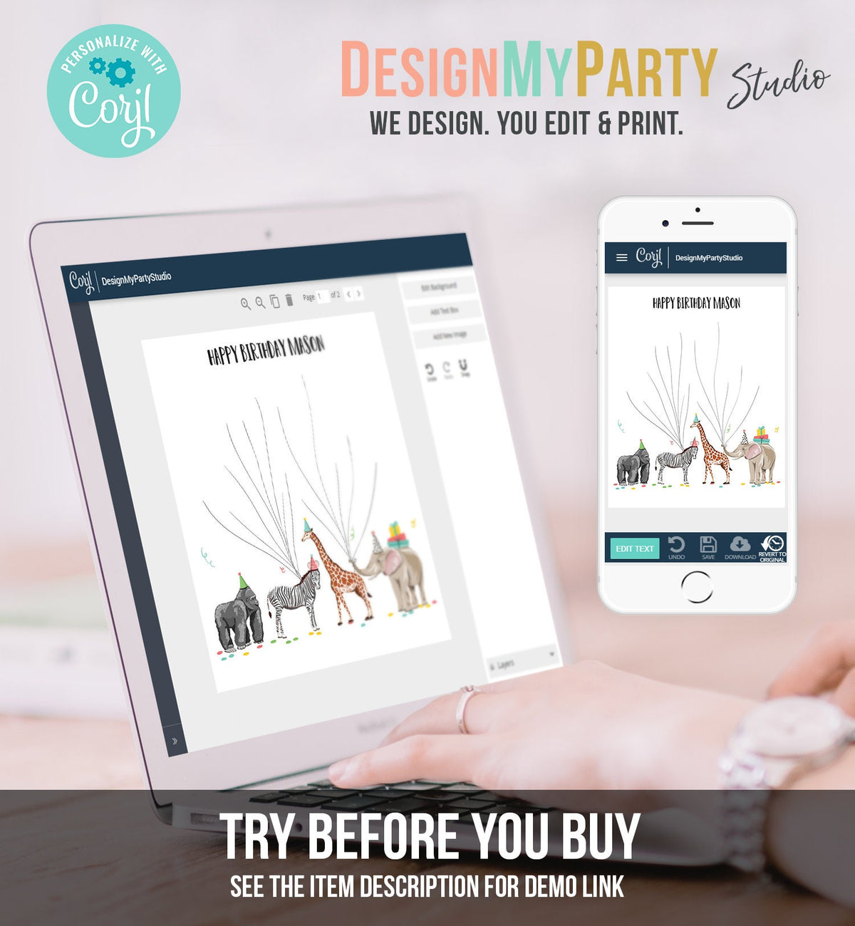 Editable Party Animals Birthday Fingerprint Guestbook Thumbprint Guest Book Safari Tree Jungle Wild One Corjl Template Printable 0142