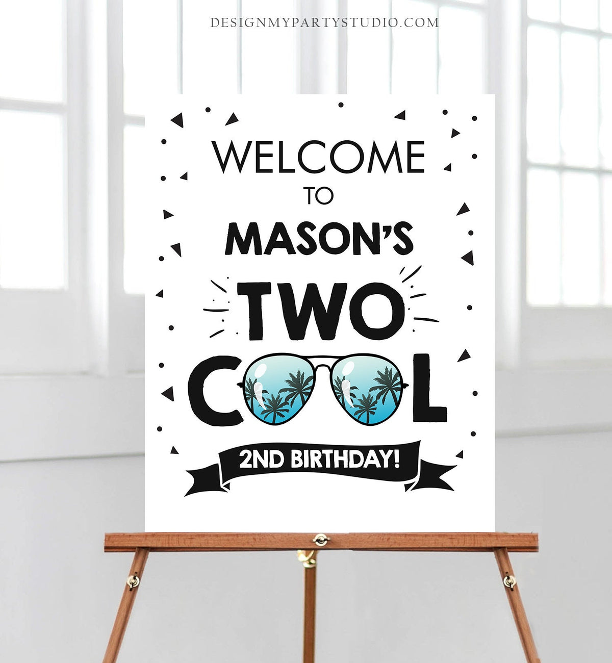 Editable Two Cool Birthday Welcome Sign 2nd Birthday I&#39;m This Many Welcome Boy Birthday Sunglasses Palm Template PRINTABLE Corjl 0136