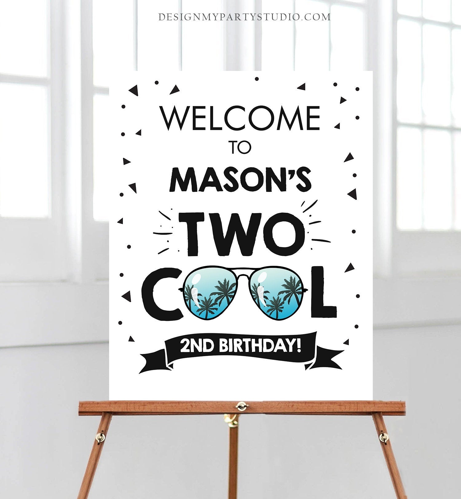 Editable Two Cool Birthday Welcome Sign 2nd Birthday I'm This Many Welcome Boy Birthday Sunglasses Palm Template PRINTABLE Corjl 0136