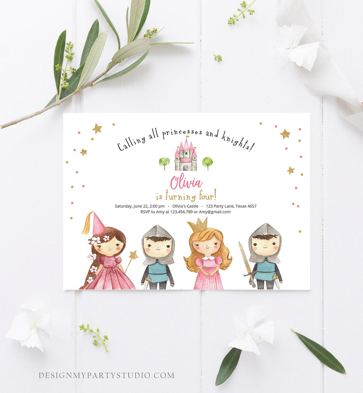 Editable Princess and Knight Birthday invitation Once Upon a Time Princess Birthday Girl Pink Castle Download Printable Template Corjl 0171