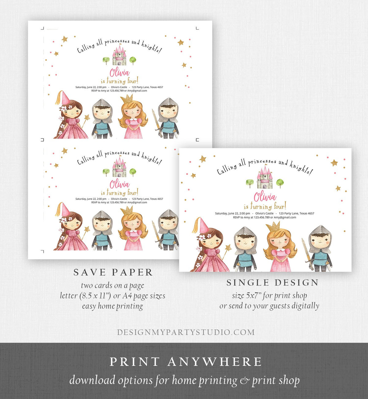 Editable Princess and Knight Birthday invitation Once Upon a Time Princess Birthday Girl Pink Castle Download Printable Template Corjl 0171