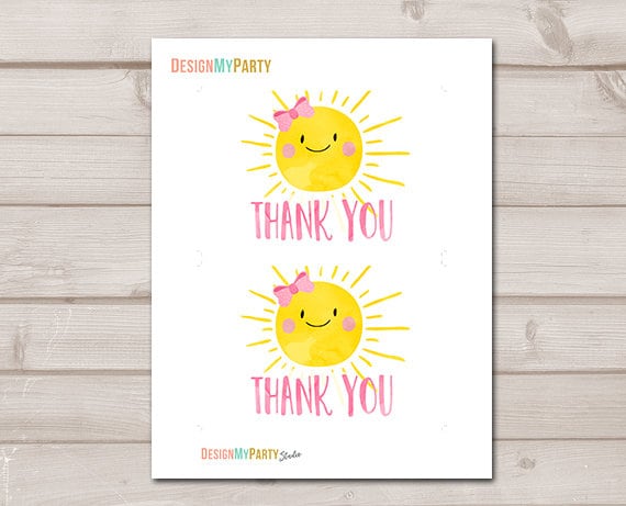 Little Sunshine Thank You Card Birthday Baby Shower Thank You Note Ray of Sunshine Bow Girl Pink 4x6" Watercolor Instant Download 0141