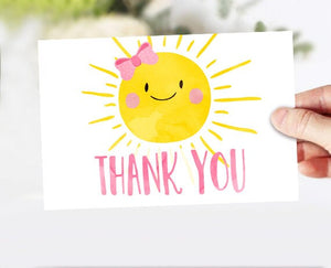 Little Sunshine Thank You Card Birthday Baby Shower Thank You Note Ray of Sunshine Bow Girl Pink 4x6" Watercolor Instant Download 0141