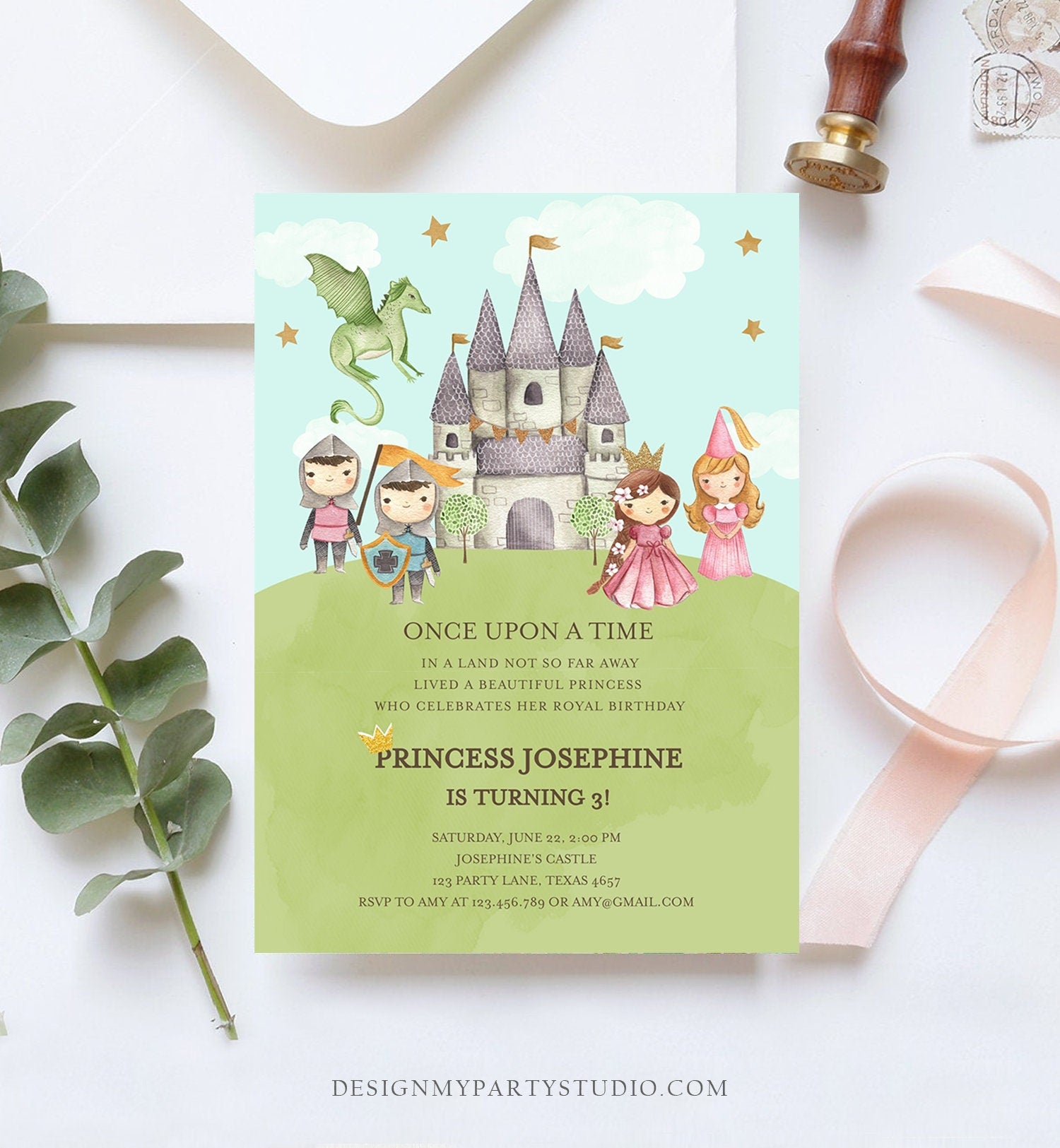 Editable Princess and Knight Birthday Invitation Once Upon a Time Princess Royal Birthday Girl Pink Castle Template Corjl Printable 0171