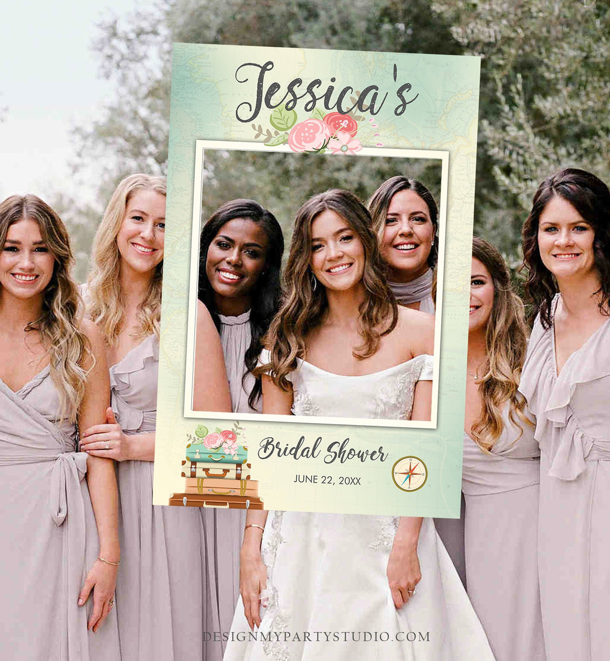 Editable Bridal Shower Photo Prop Floral Bridal Shower Sign Photo Booth Frame Wedding Travel Adventure Corjl Template PRINTABLE 0044