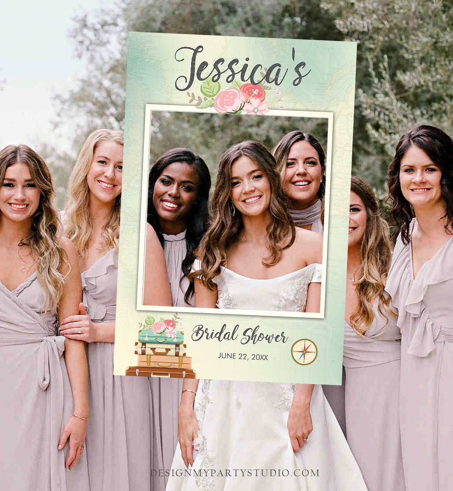 Editable Bridal Shower Photo Prop Floral Bridal Shower Sign Photo Booth Frame Wedding Travel Adventure Corjl Template PRINTABLE 0044