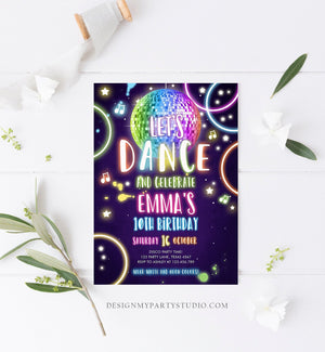 Editable Dance Party Birthday Invitation Disco Music Let's Dance Neon Glow In The Dark Party Girl Teen Pink Template Corjl Printable 0172