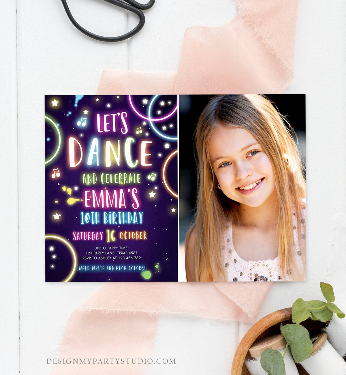 Editable Dance Party Birthday Invitation Disco Music Let&#39;s Dance Neon Glow In The Dark Party Girl Teen Pink Template Corjl Printable 0172