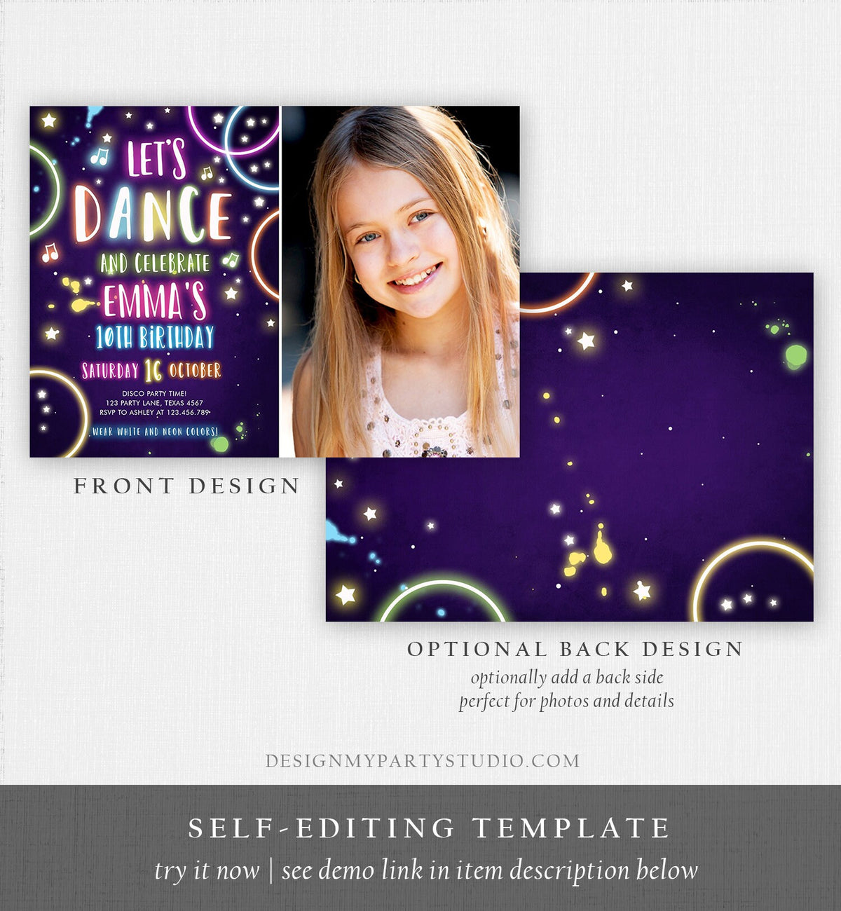 Editable Dance Party Birthday Invitation Disco Music Let&#39;s Dance Neon Glow In The Dark Party Girl Teen Pink Template Corjl Printable 0172