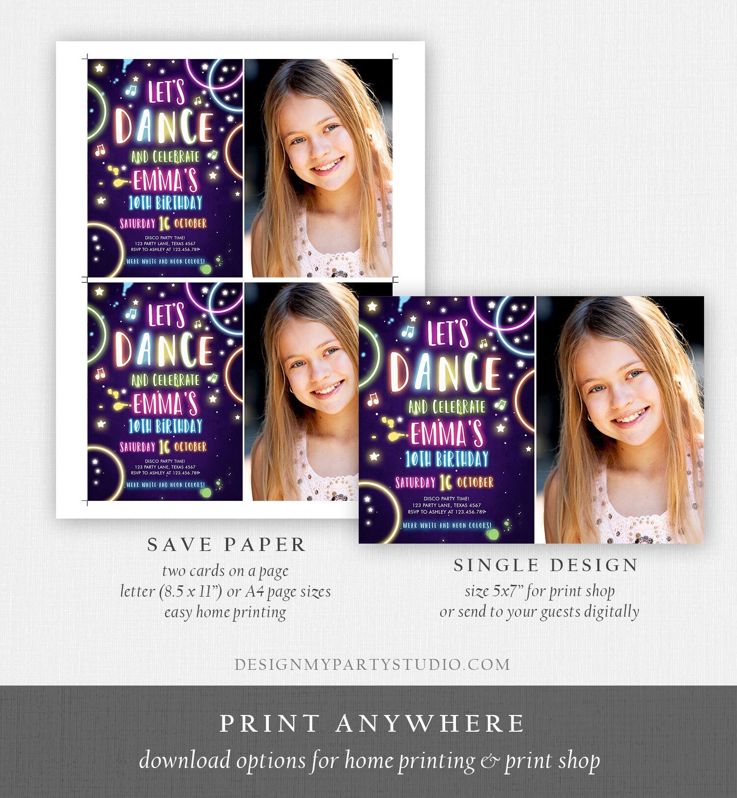 Editable Dance Party Birthday Invitation Disco Music Let's Dance Neon Glow In The Dark Party Girl Teen Pink Template Corjl Printable 0172