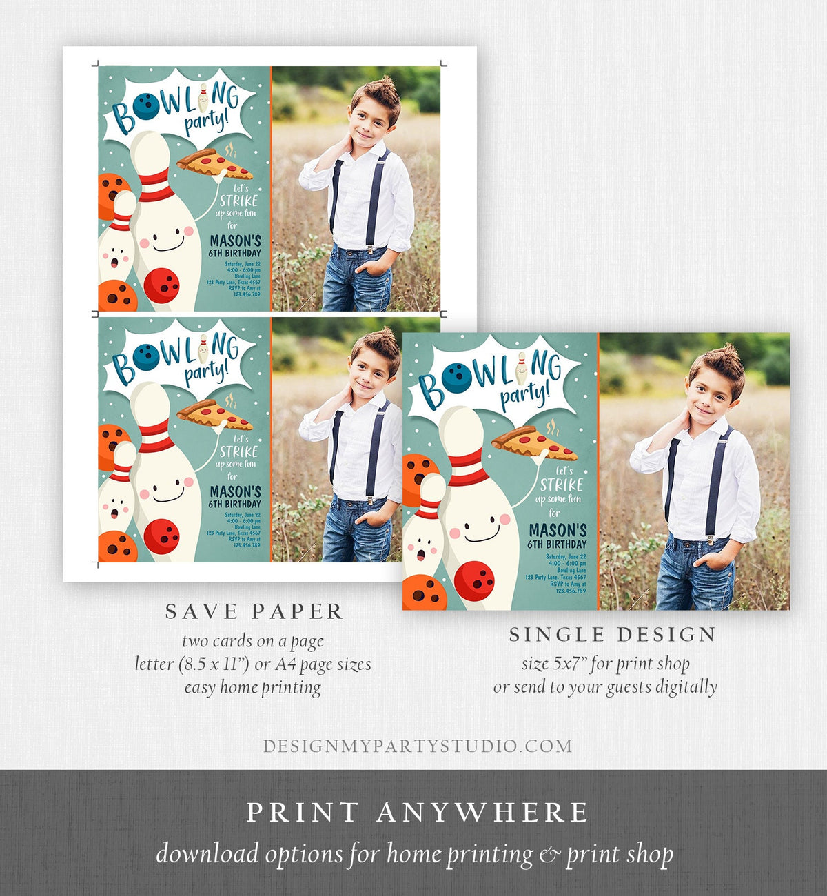 Editable Bowling Birthday Invitation Strike Up Some Fun Boy Bowling Party Pizza Blue Orange Instant Download Printable Template Corjl 0324