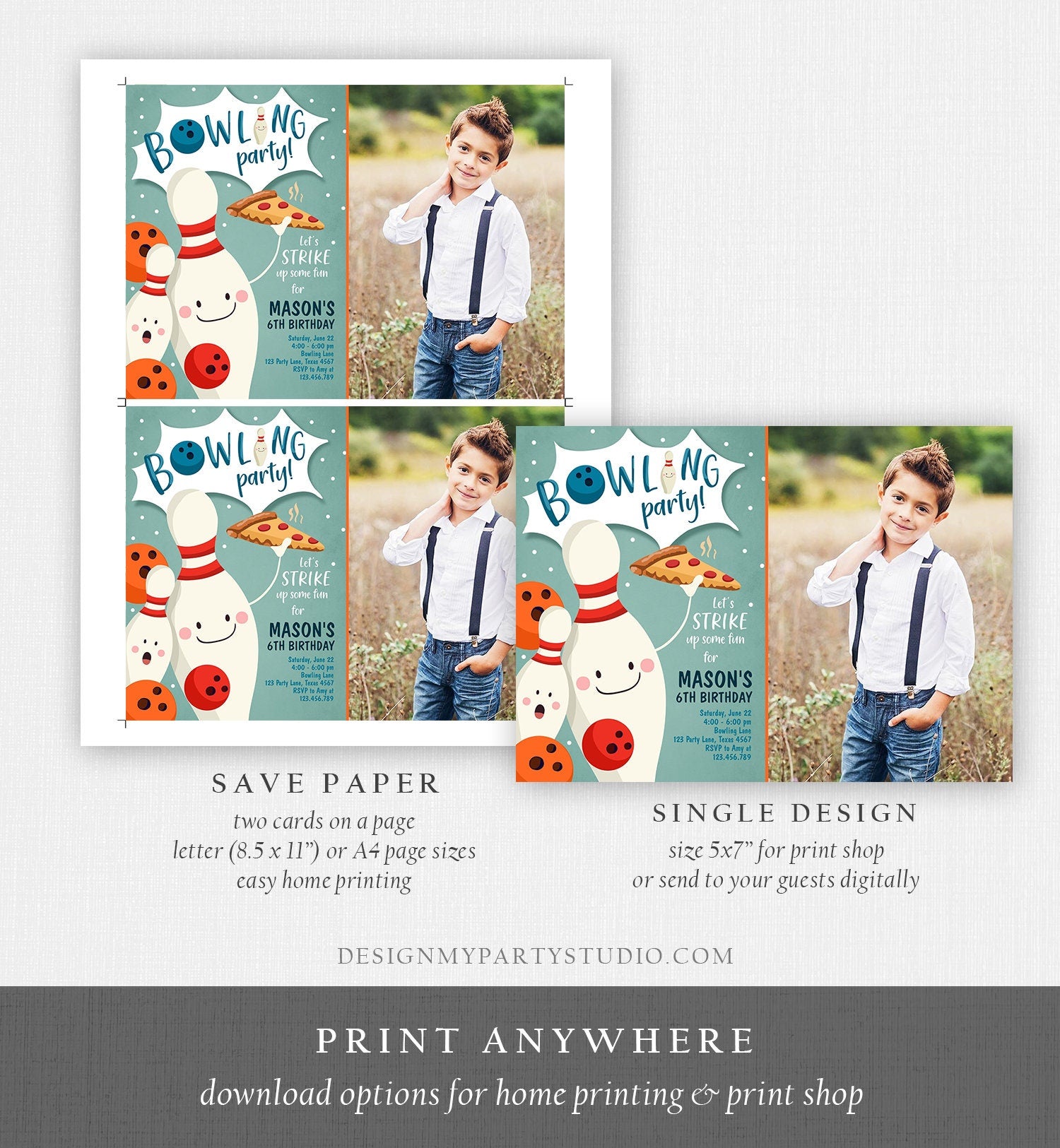 Editable Bowling Birthday Invitation Strike Up Some Fun Boy Bowling Party Pizza Blue Orange Instant Download Printable Template Corjl 0324