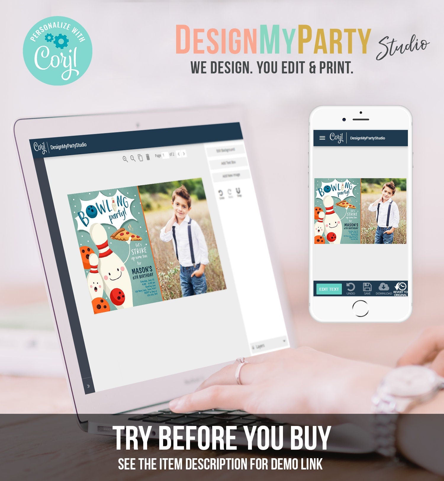 Editable Bowling Birthday Invitation Strike Up Some Fun Boy Bowling Party Pizza Blue Orange Instant Download Printable Template Corjl 0324