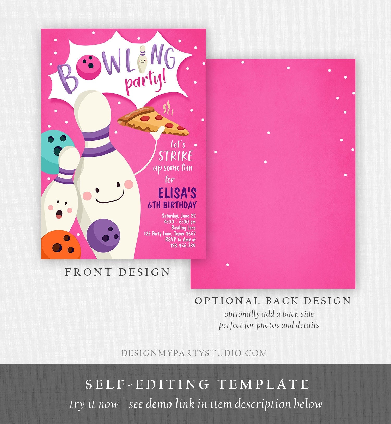 Editable Bowling Birthday Invitation Strike Up Some Fun Girl Bowling Party Pizza Pink Purple Instant Download Printable Template Corjl 0324