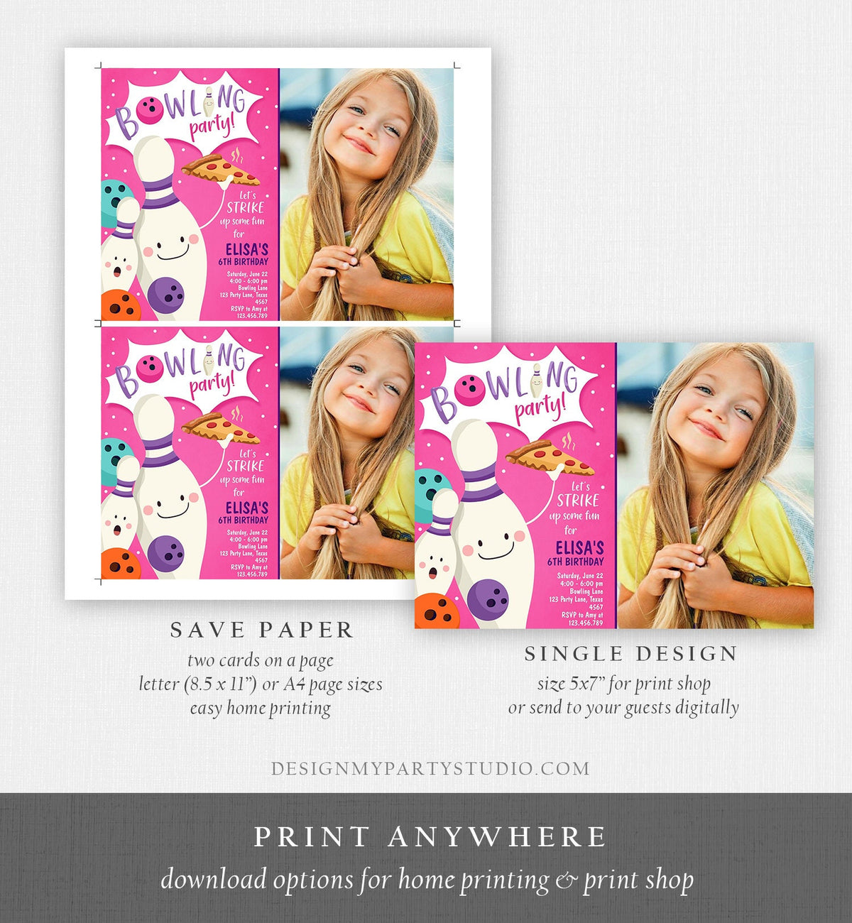 Editable Bowling Birthday Invitation Strike Up Some Fun Girl Bowling Party Pizza Pink Purple Digital Download Evite Template Printable 0324