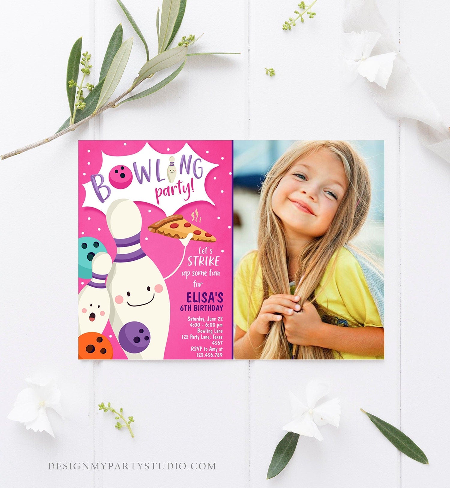 Editable Bowling Birthday Invitation Strike Up Some Fun Girl Bowling Party Pizza Pink Purple Digital Download Evite Template Printable 0324