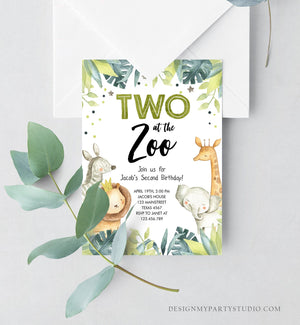 Editable Two in the Zoo Birthday Invitation Boy Second Birthday 2nd Safari Animals Party Jungle Green Gold Two Wild Corjl Template 0163