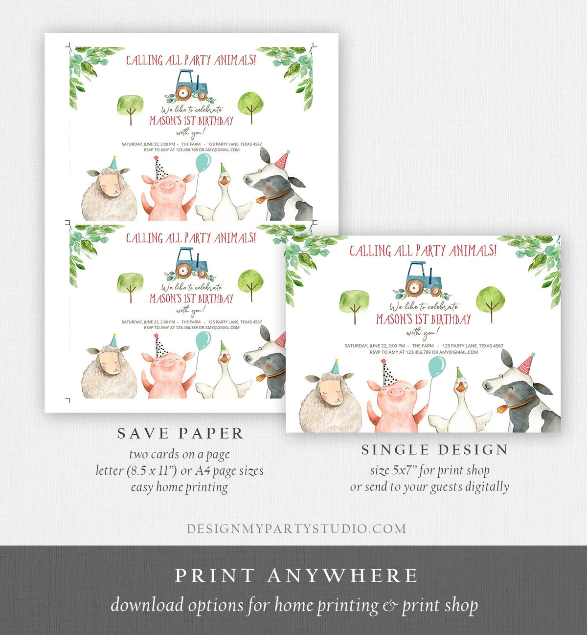 Editable Farm Birthday Invitation Boy Farm Animals Tractor Barnyard Barn Birthday Party Animals Digital Corjl Template Printable 0155