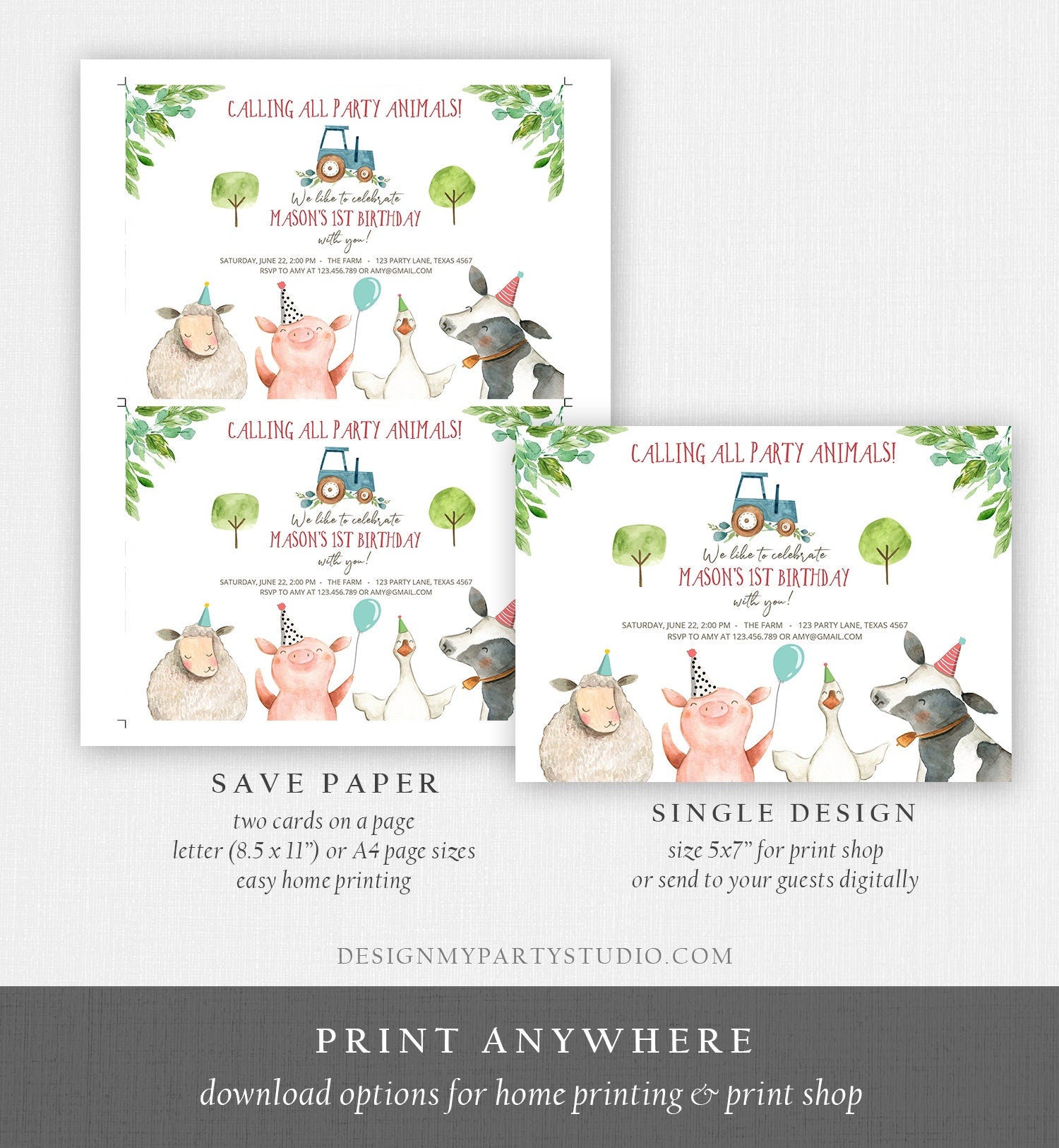 Editable Farm Birthday Invitation Boy Farm Animals Tractor Barnyard Barn Birthday Party Animals Digital Corjl Template Printable 0155