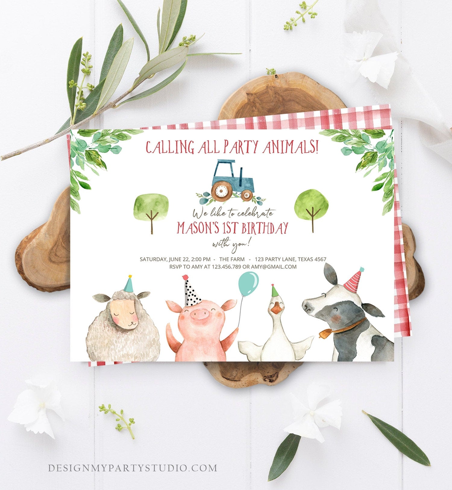 Editable Farm Birthday Invitation Boy Farm Animals Tractor Barnyard Barn Birthday Party Animals Digital Corjl Template Printable 0155
