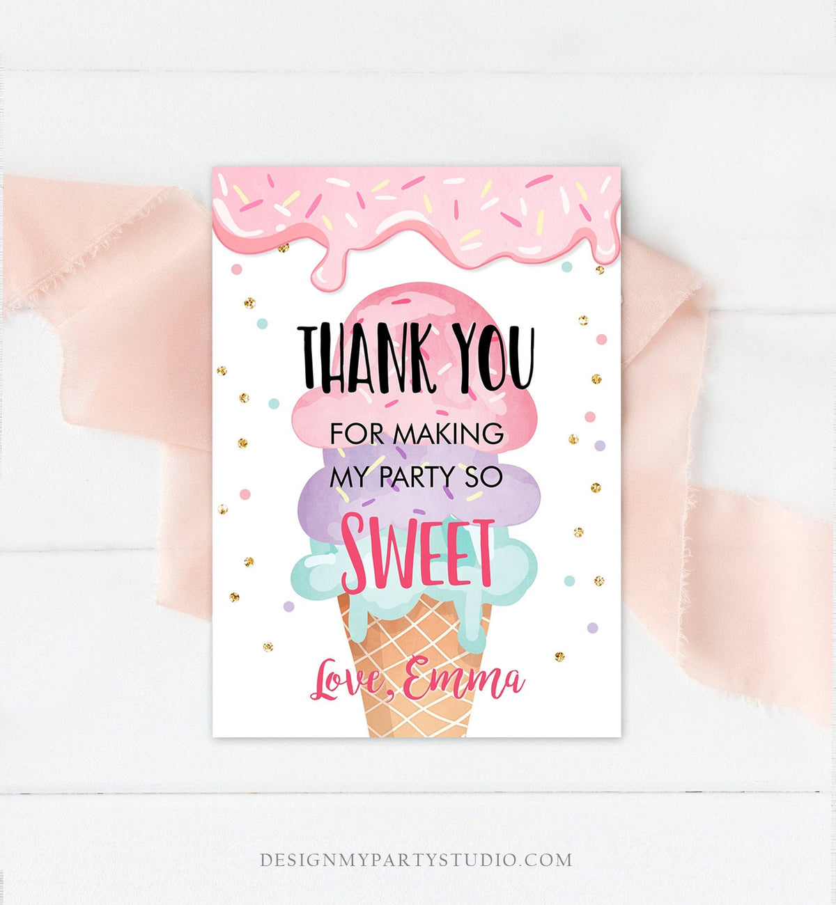 Editable Ice Cream Thank You Card Ice Cream Birthday Thank you Note Girl Birthday Summer Digital Download Template Printable 0243