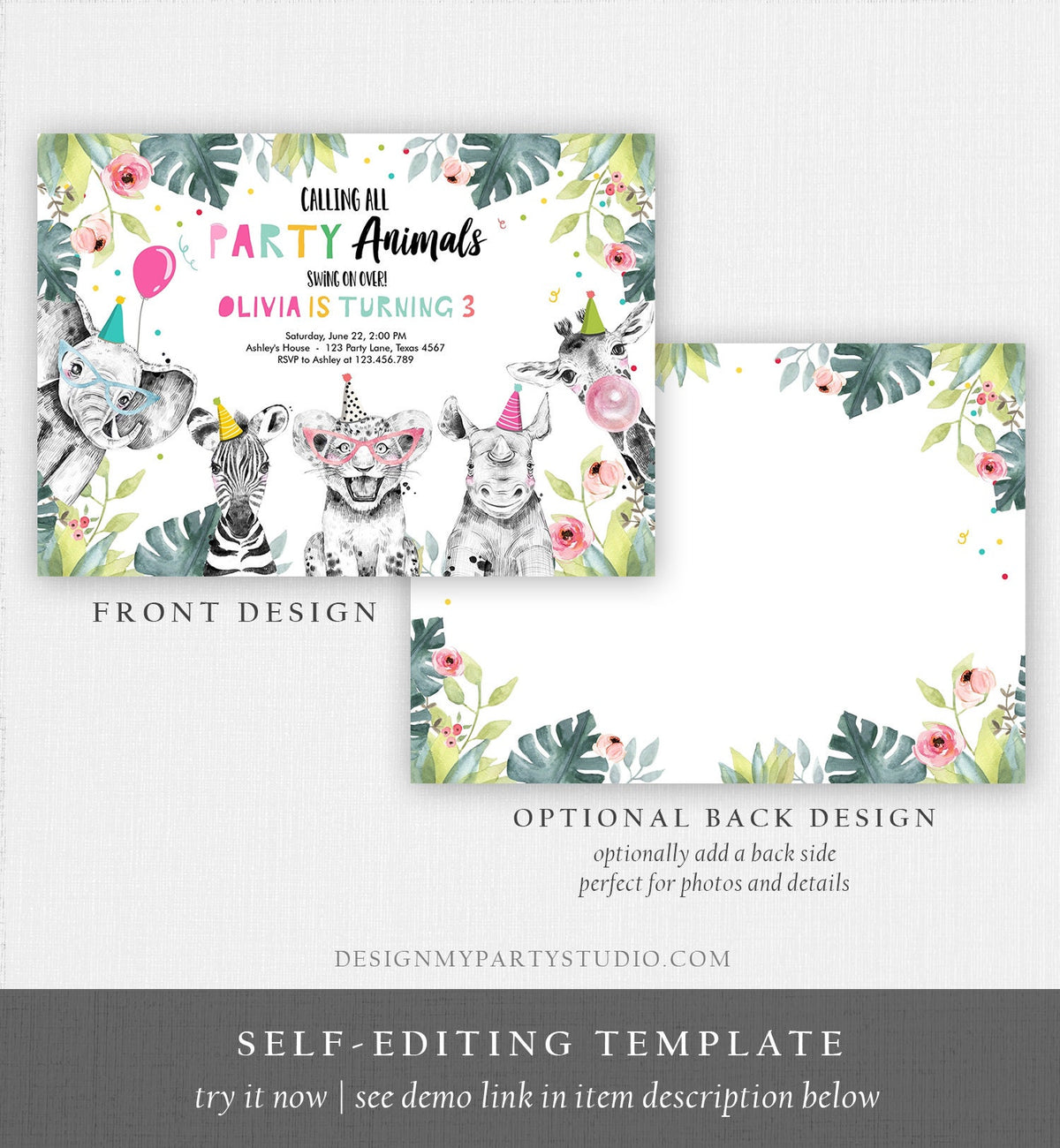 Editable Party Animals Birthday Invitation Wild One Animals Invitation Zoo Safari Animals Girl Digital Download Template Printable 0322