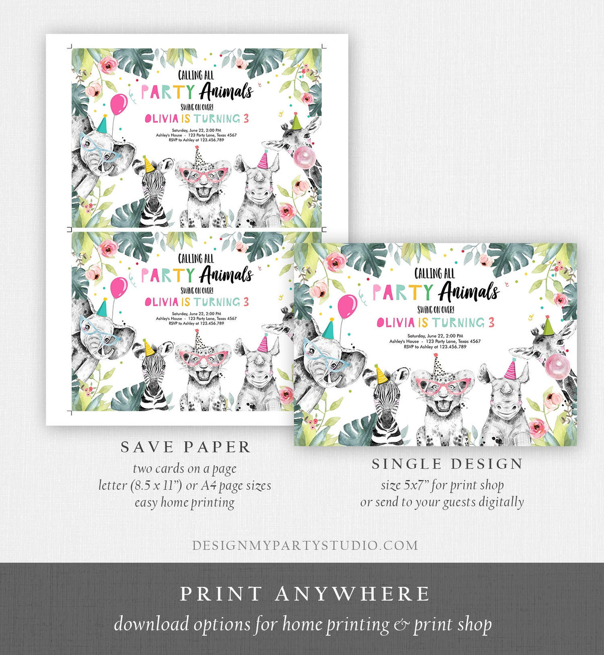 Editable Party Animals Birthday Invitation Wild One Animals Invitation Zoo Safari Animals Girl Digital Download Template Printable 0322