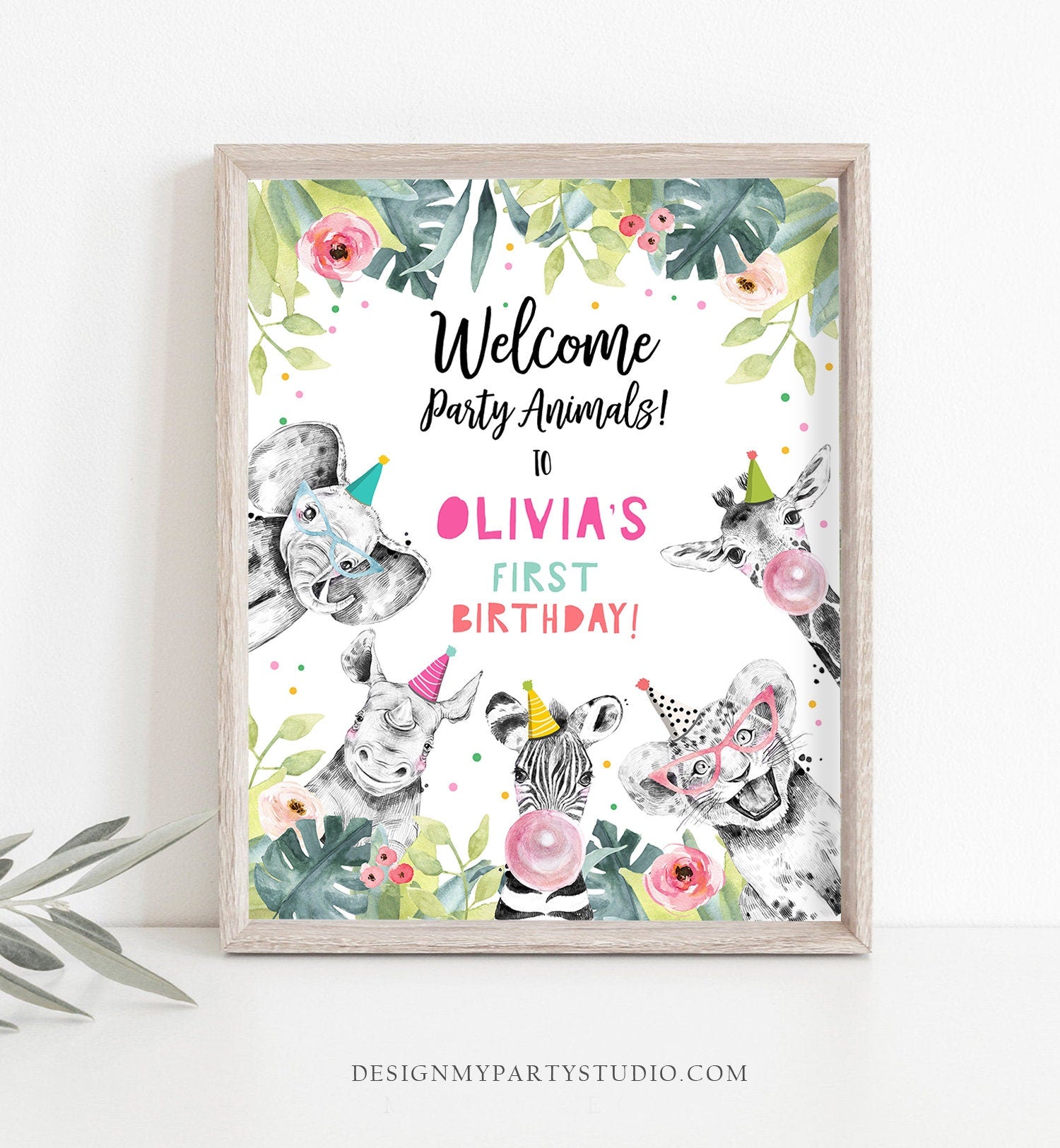 Editable Party Animals Welcome Sign Party Animal Sign Zoo Safari Welcome Jungle Sign Birthday Animals Girl Template PRINTABLE Corjl 0322