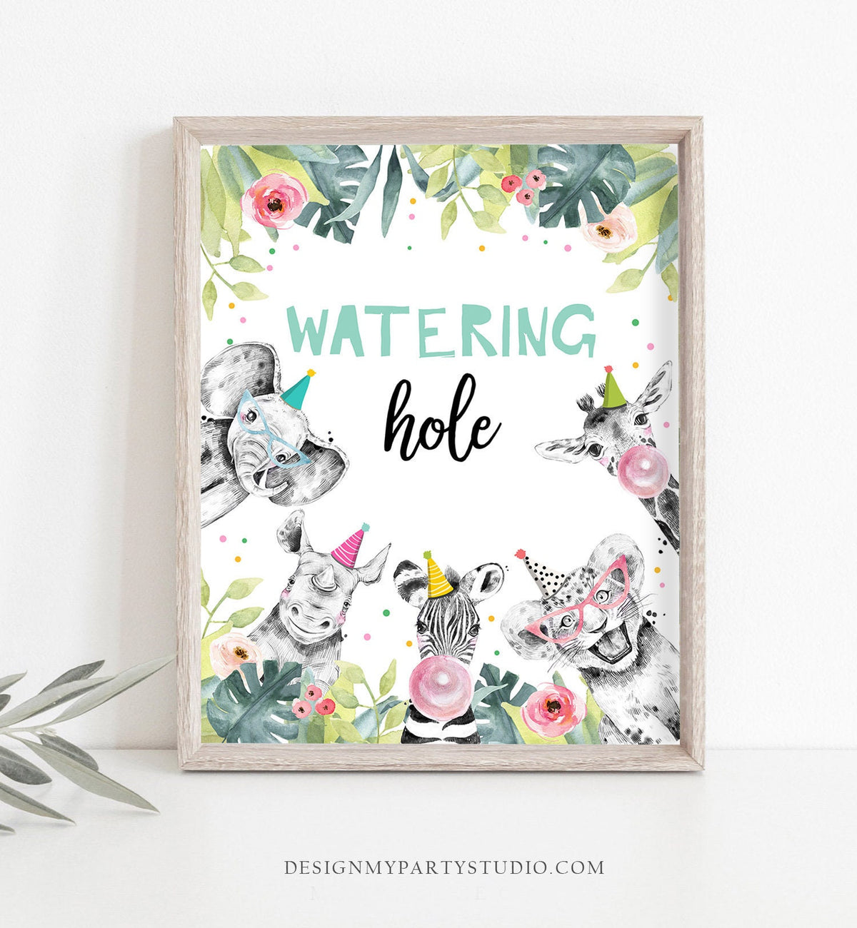 Watering Hole Birthday Sign Drink Table Decor Safari Birthday Wild One Animals Girl Party Animals Table Sign Zoo Party Jungle Printable 0322