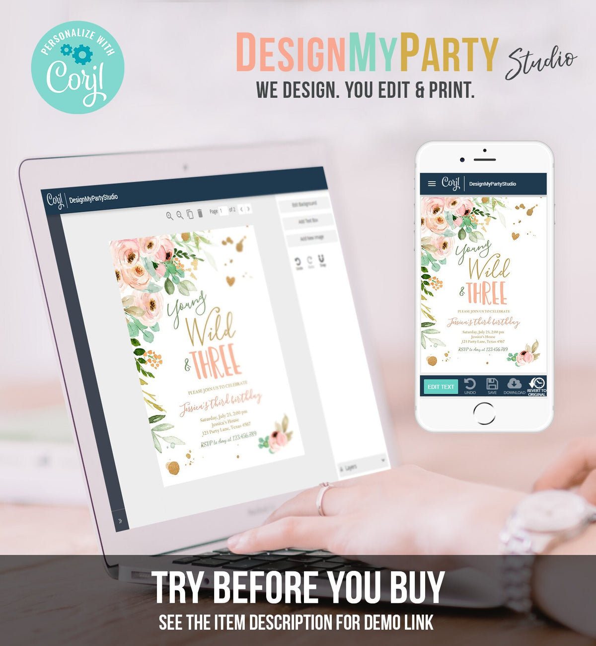 Editable Young Wild and Three Birthday Invitation 3rd Birthday Girl Pink Gold Floral Wild Download Printable Template Corjl Digital 0147